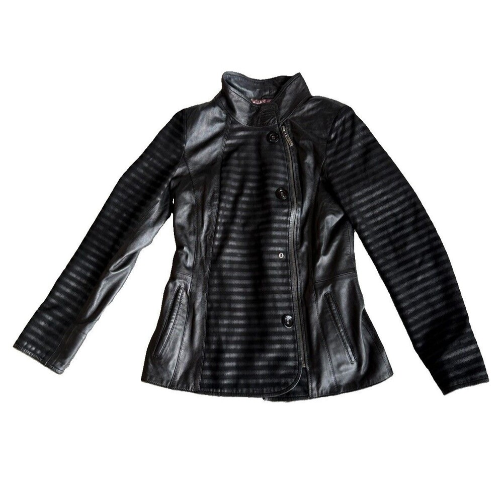 Green World Black Lambskin Leather Jacket Womens M Striped Moto Biker Designer